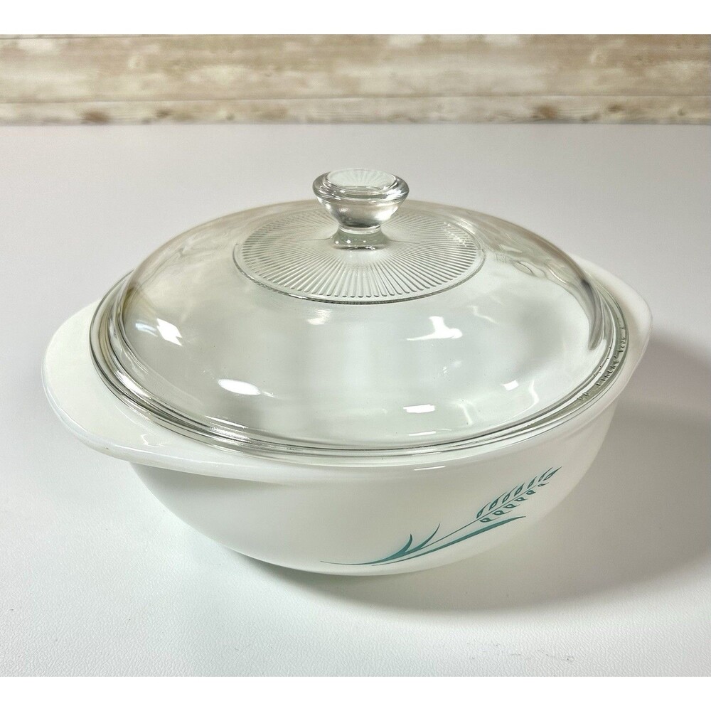 Vintage Pyrex 1.5 QT Turquoise Blue Wheat 023 Round Casserole Dish w/ Lid